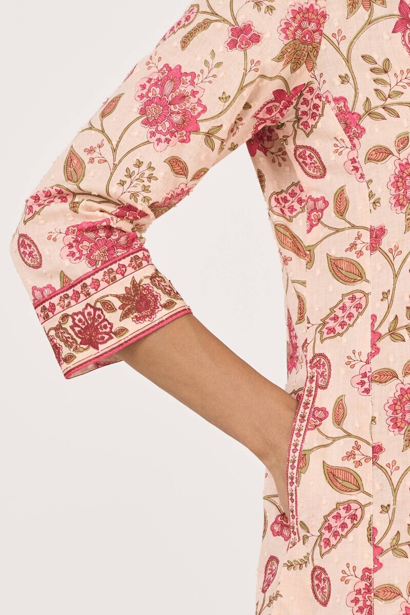 Pink Hand Printed Short Medium Ram Buta Kurta