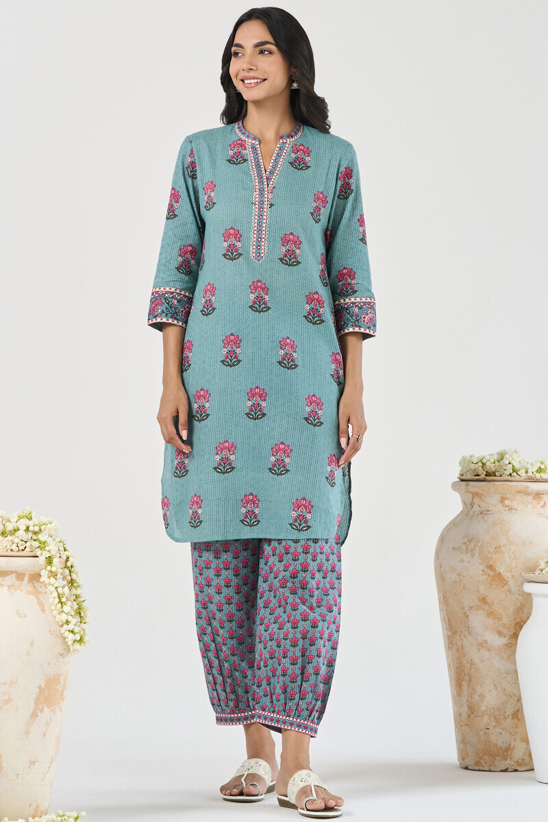 Blue Hand Printed Short Medium Cotton Dobby Kurta
