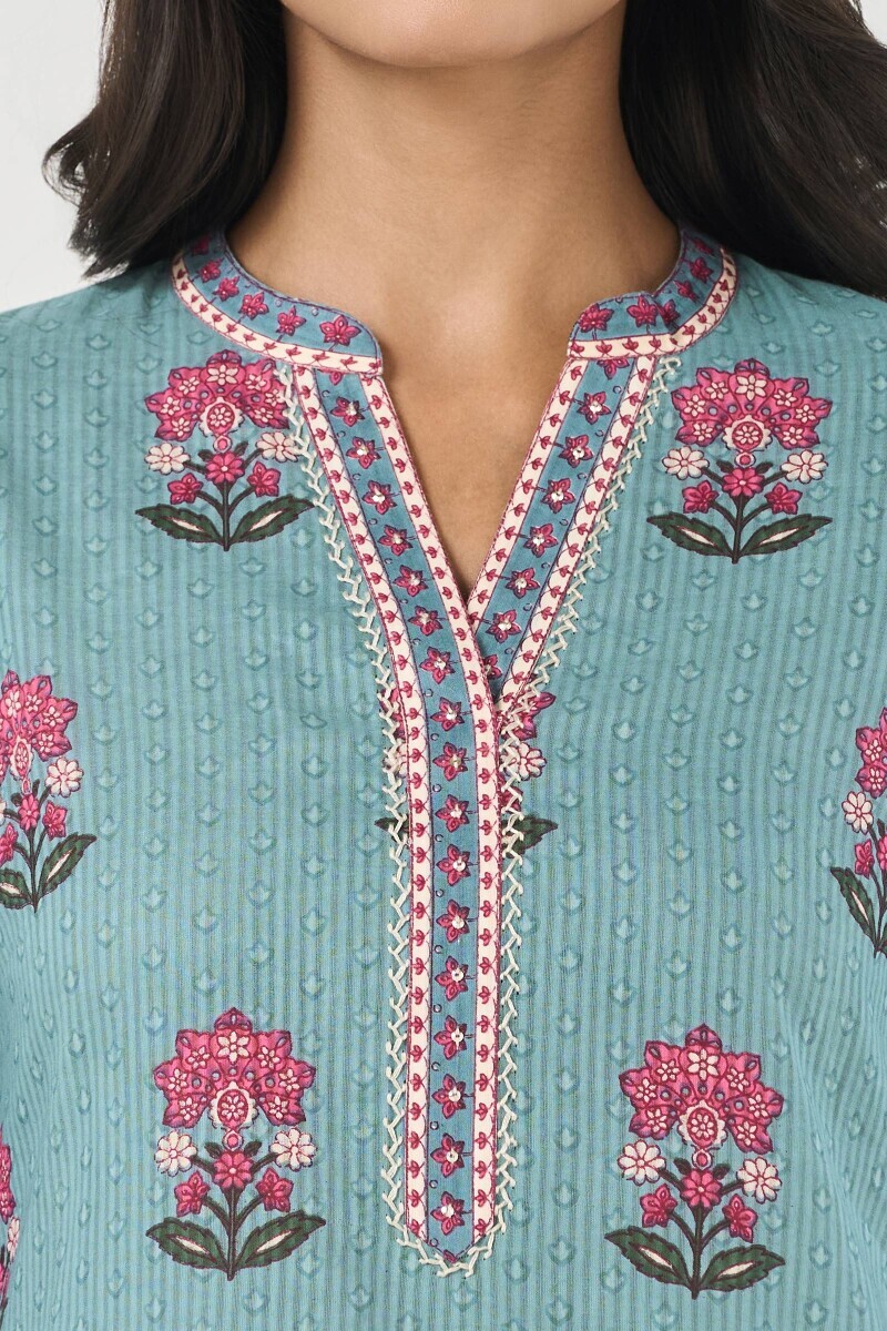 Blue Hand Printed Short Medium Cotton Dobby Kurta