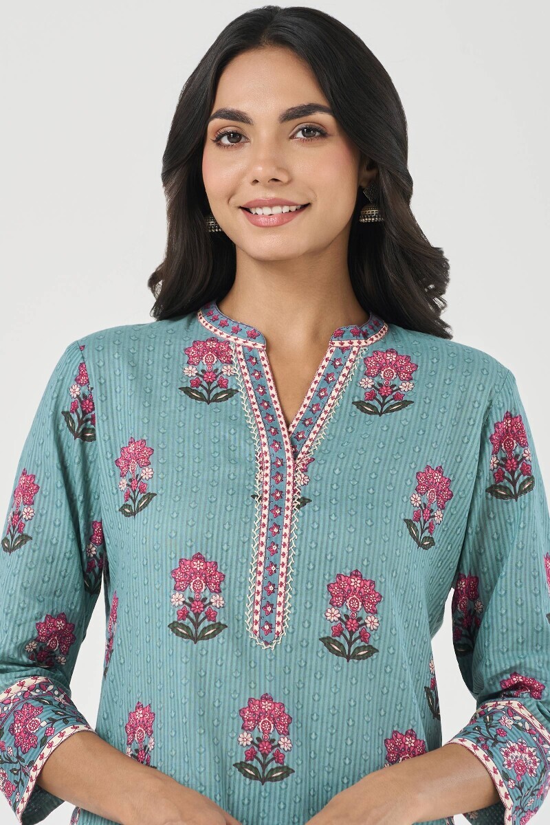 Blue Hand Printed Short Medium Cotton Dobby Kurta