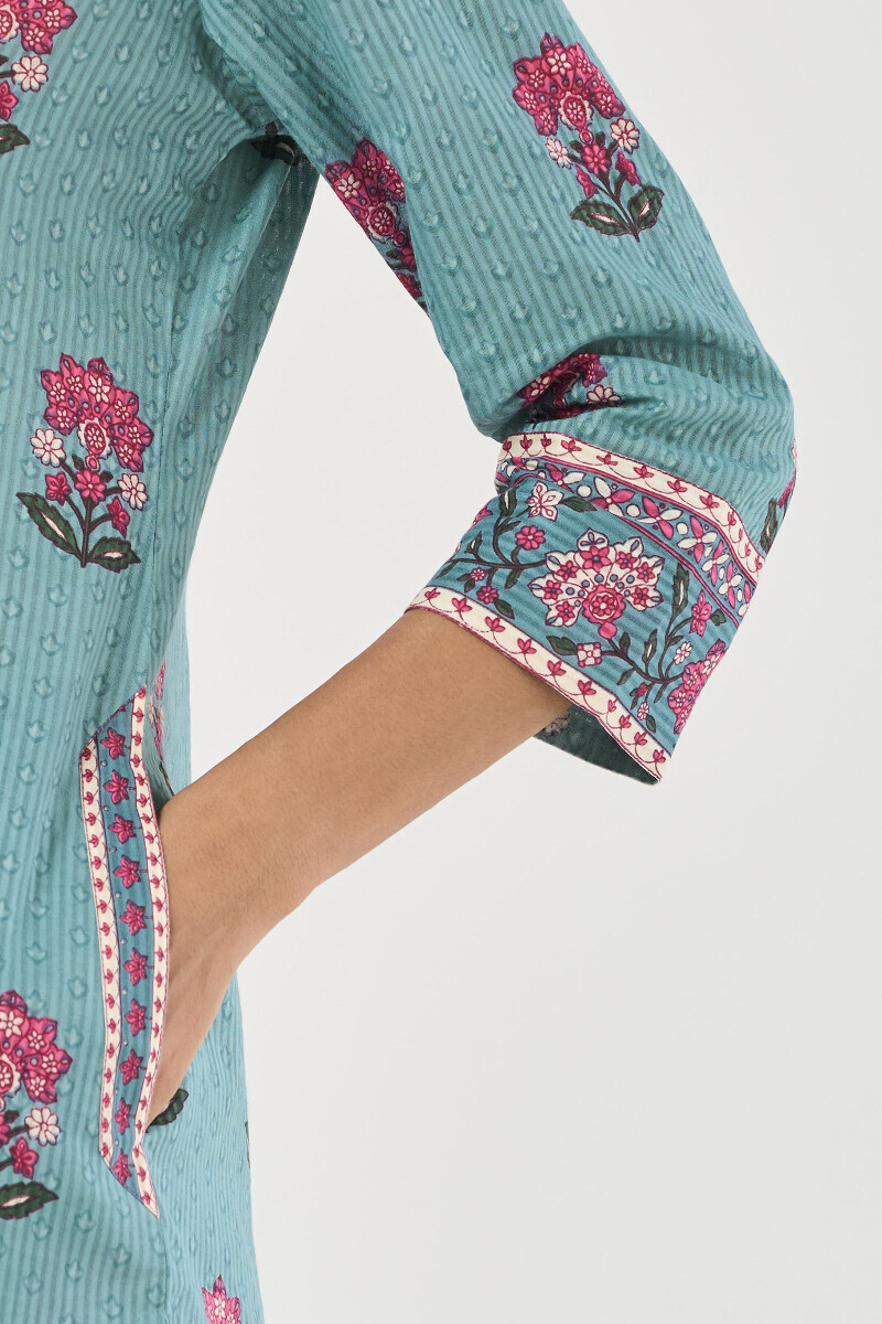 Blue Hand Printed Short Medium Cotton Dobby Kurta