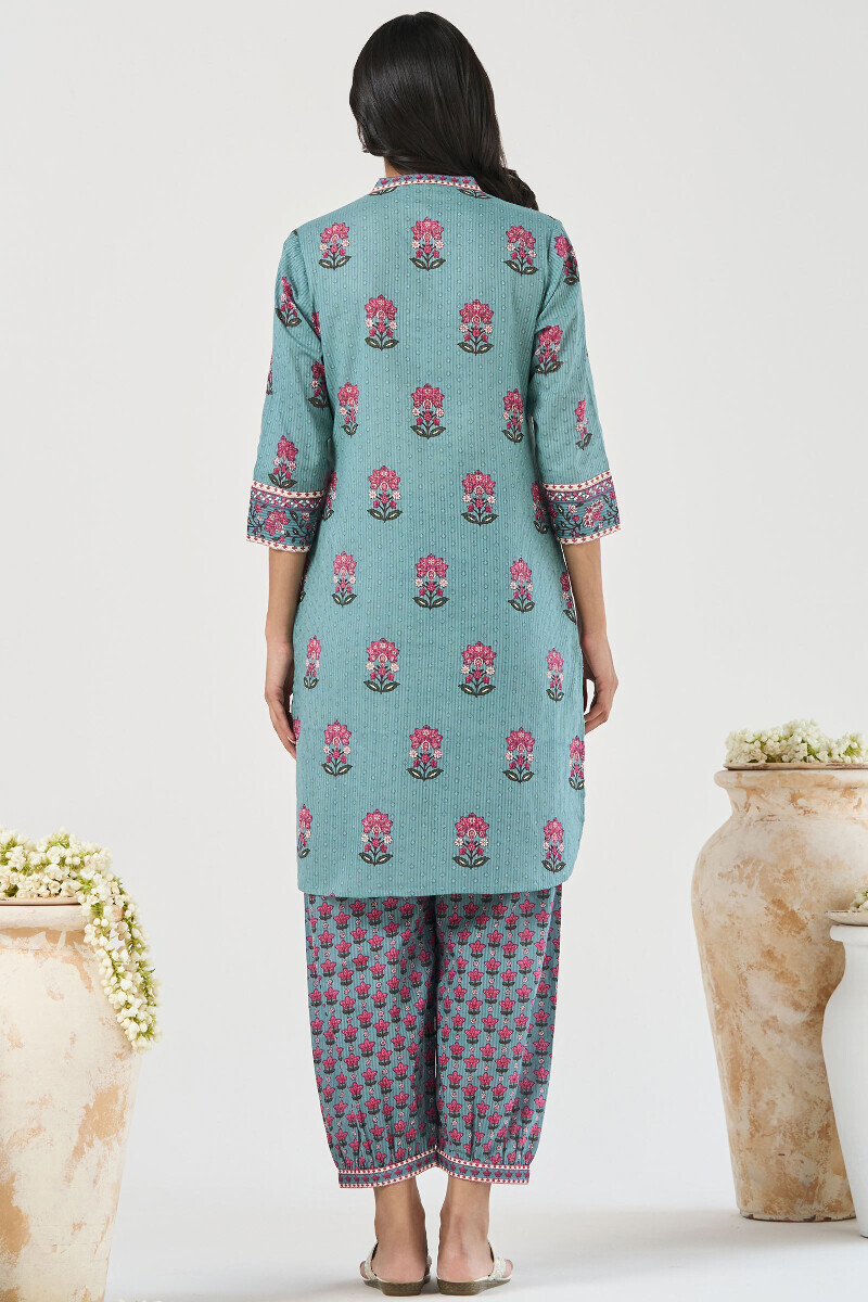 Blue Hand Printed Short Medium Cotton Dobby Kurta