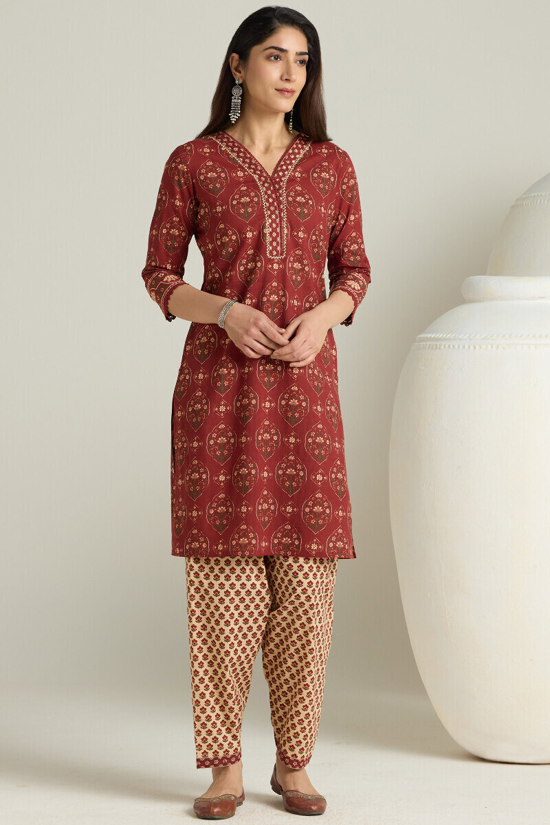 Maroon Hand Printed Short Cotton Kurta