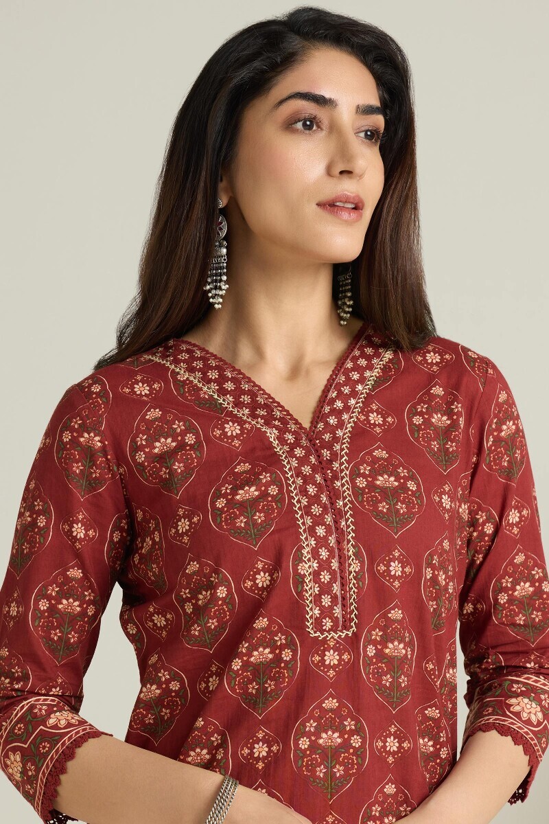 Maroon Hand Printed Short Cotton Kurta