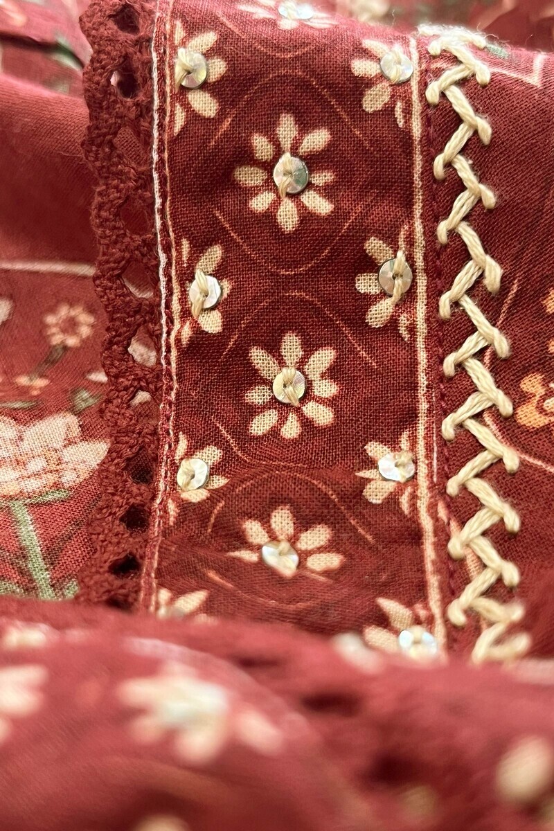 Maroon Hand Printed Short Cotton Kurta
