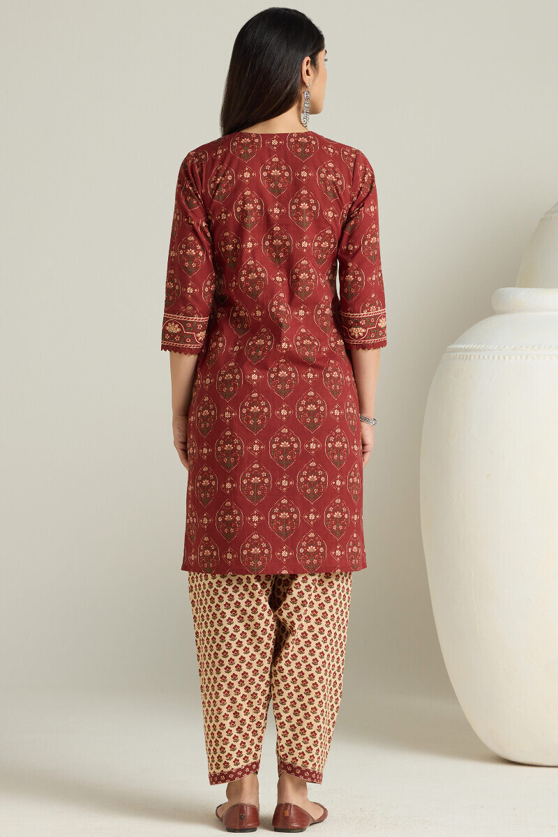 Maroon Hand Printed Short Cotton Kurta