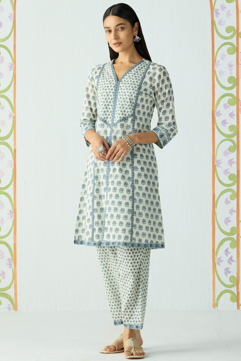 Off-White Hand Printed Short Cotton Slub Kurta