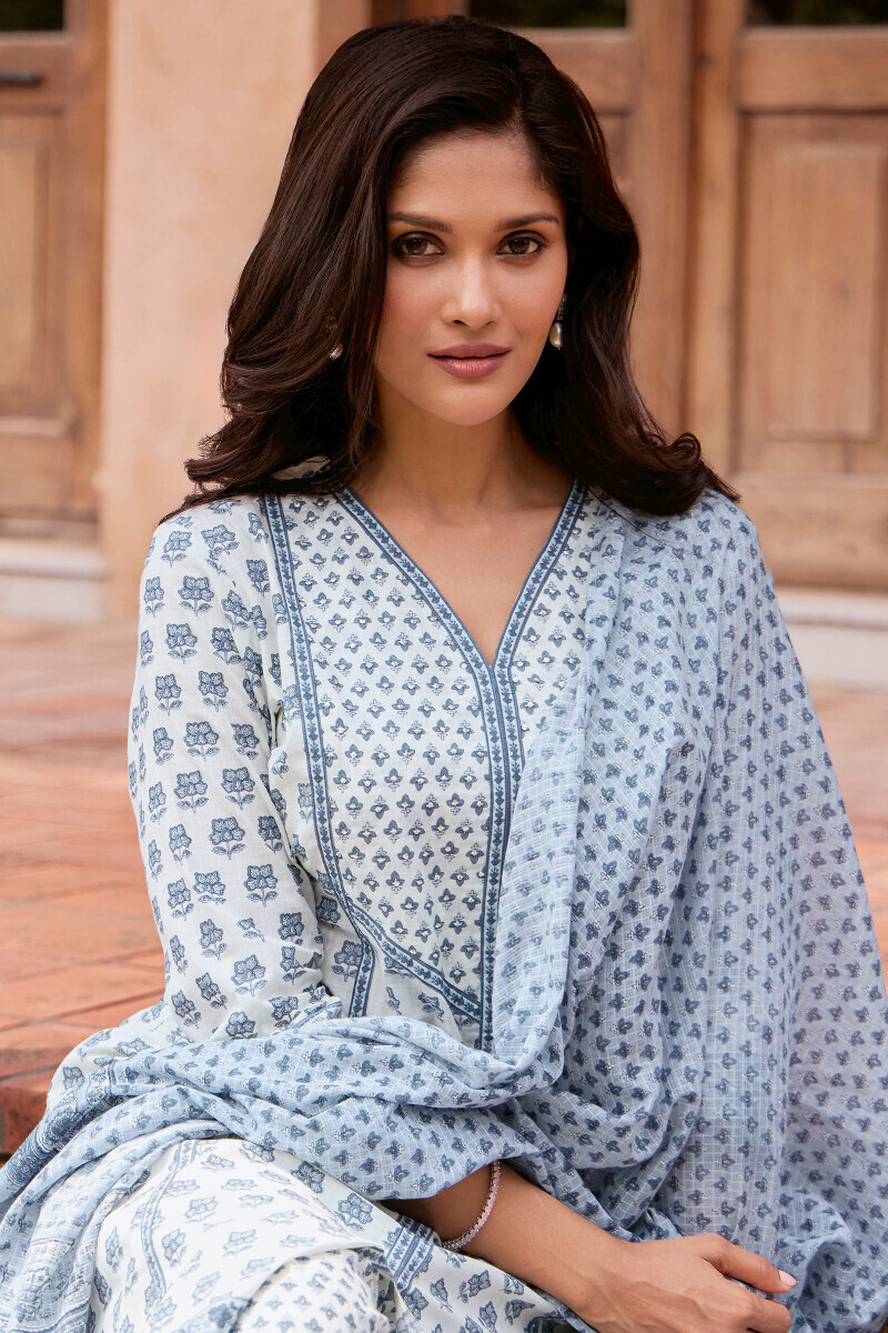 Off-White Hand Printed Short Cotton Slub Kurta