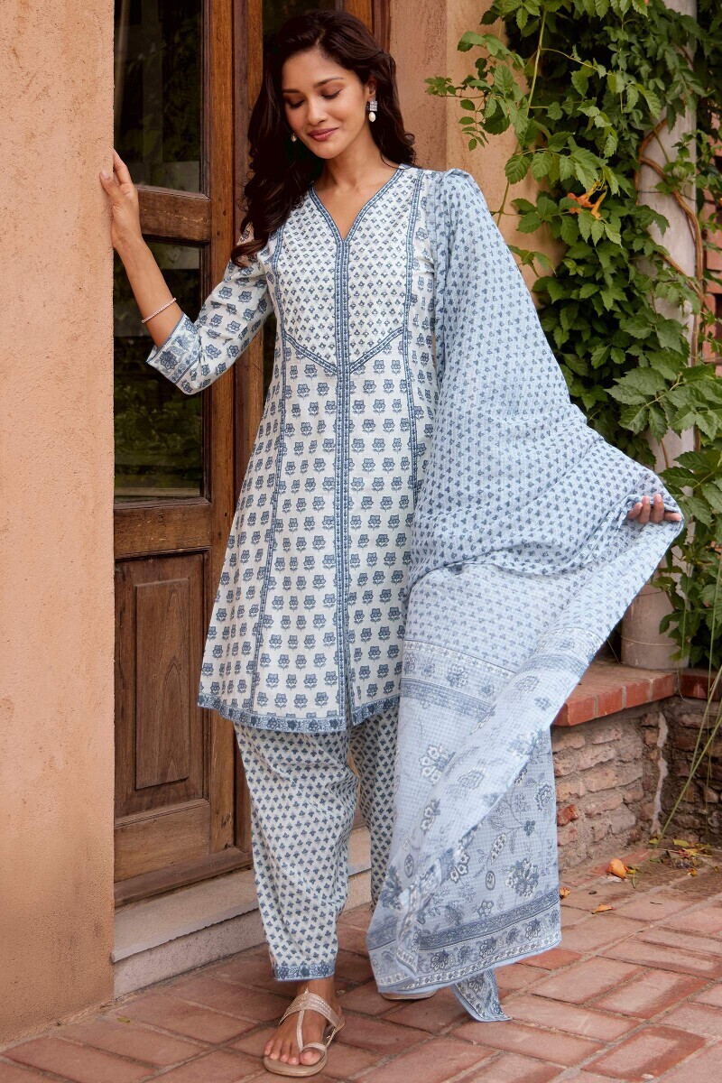 Off-White Hand Printed Short Cotton Slub Kurta