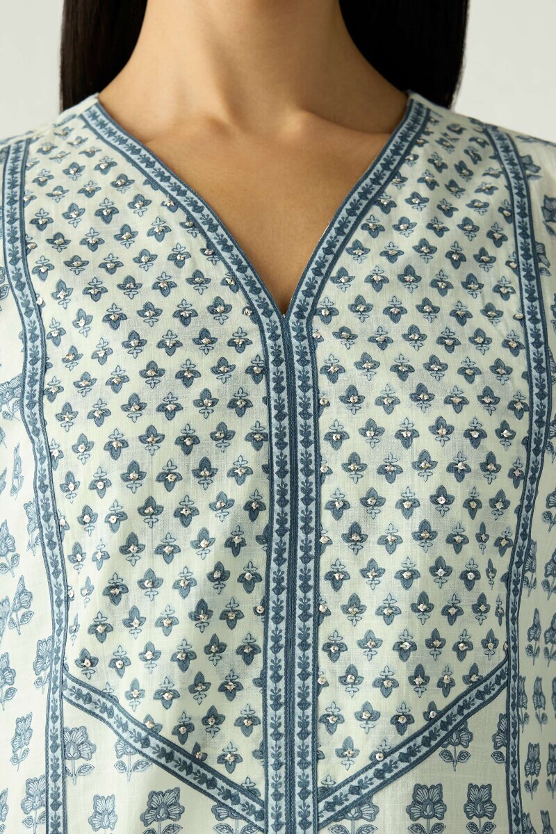 Off-White Hand Printed Short Cotton Slub Kurta