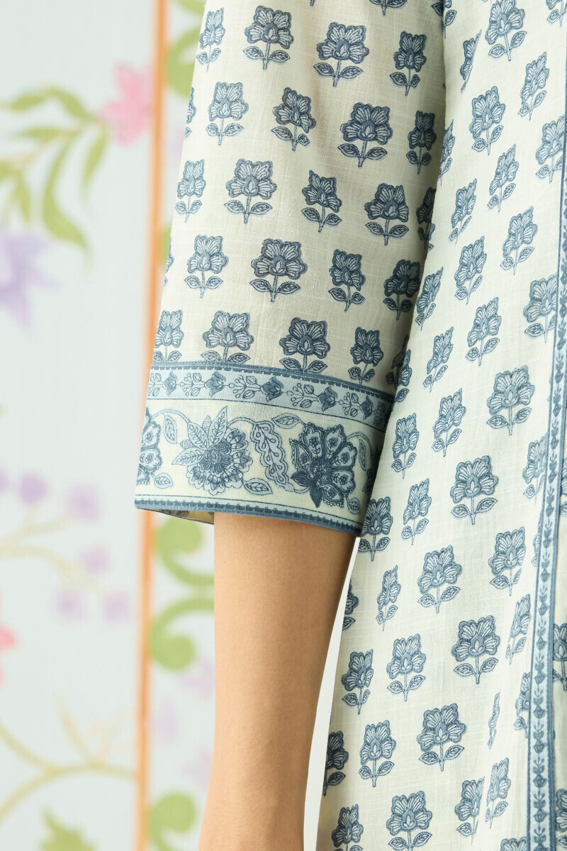 Off-White Hand Printed Short Cotton Slub Kurta
