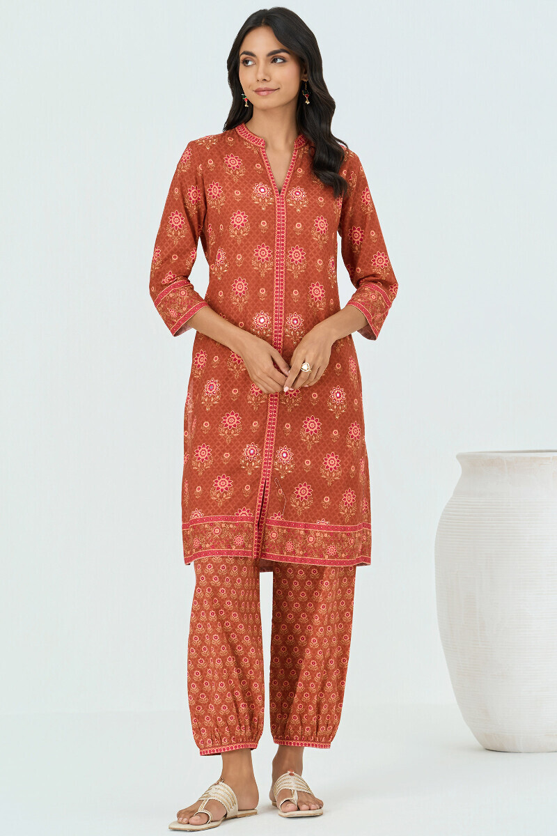 Brown Printed Short Cotton Kurta