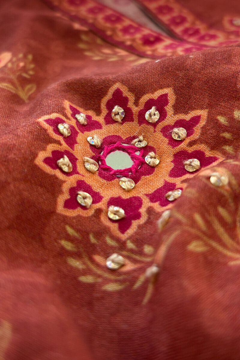 Brown Printed Short Cotton Kurta
