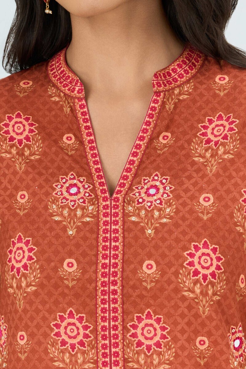 Brown Printed Short Cotton Kurta