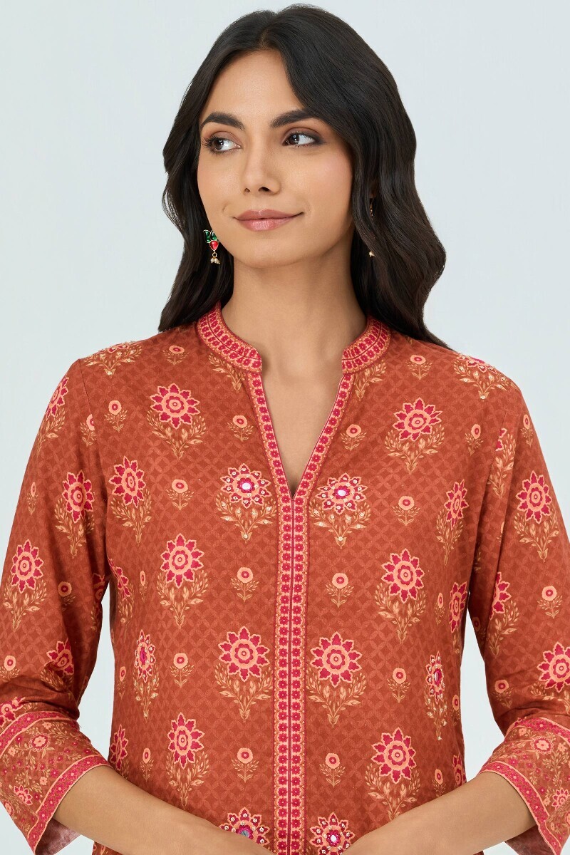 Brown Printed Short Cotton Kurta