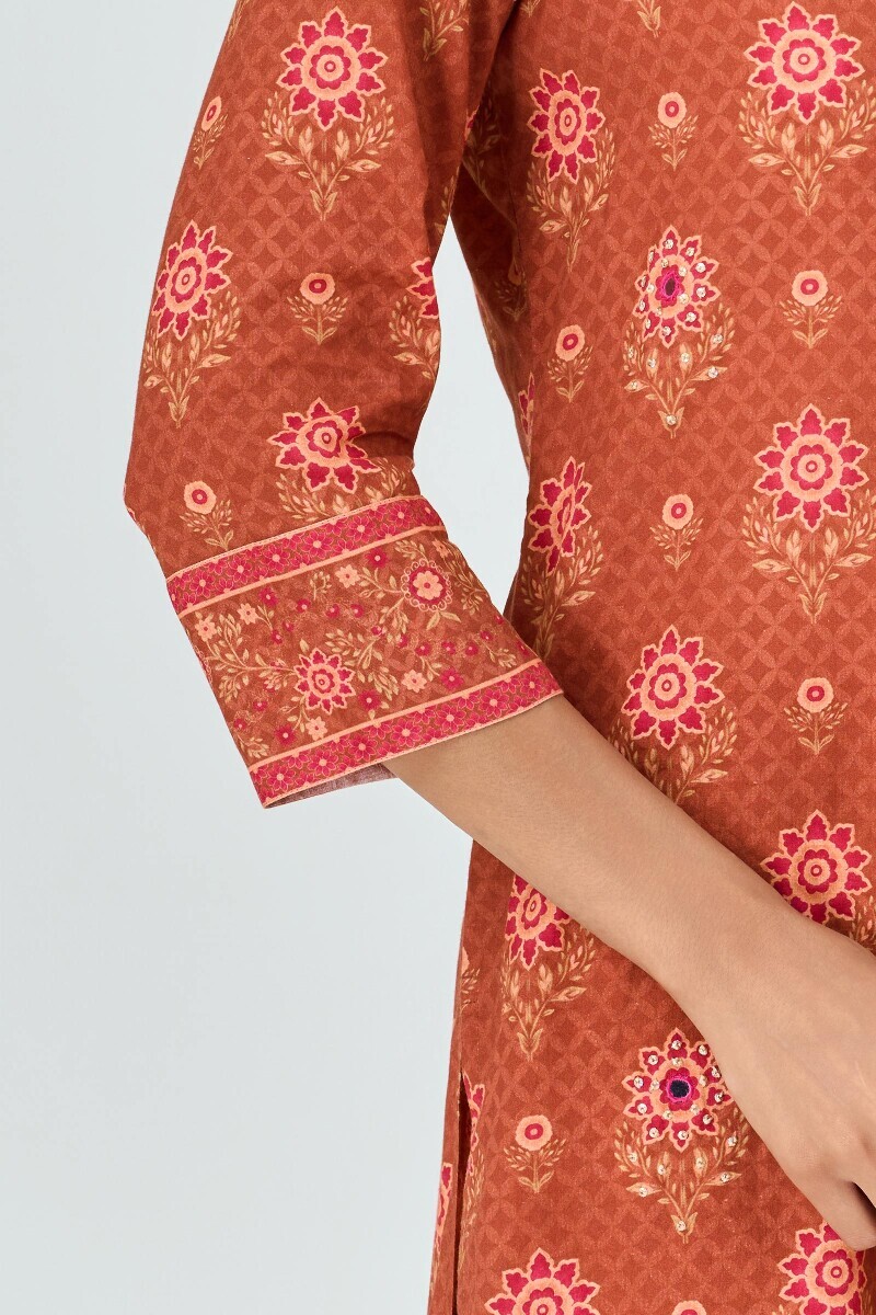 Brown Printed Short Cotton Kurta