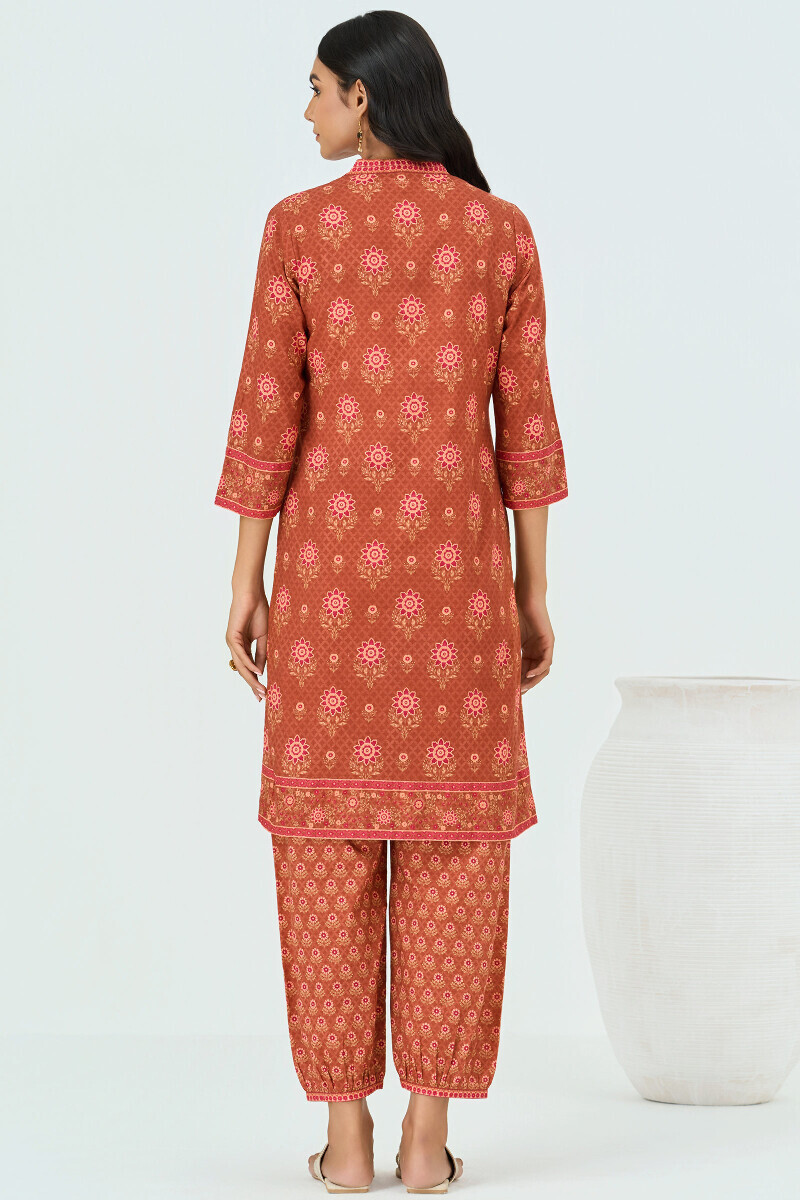 Brown Printed Short Cotton Kurta
