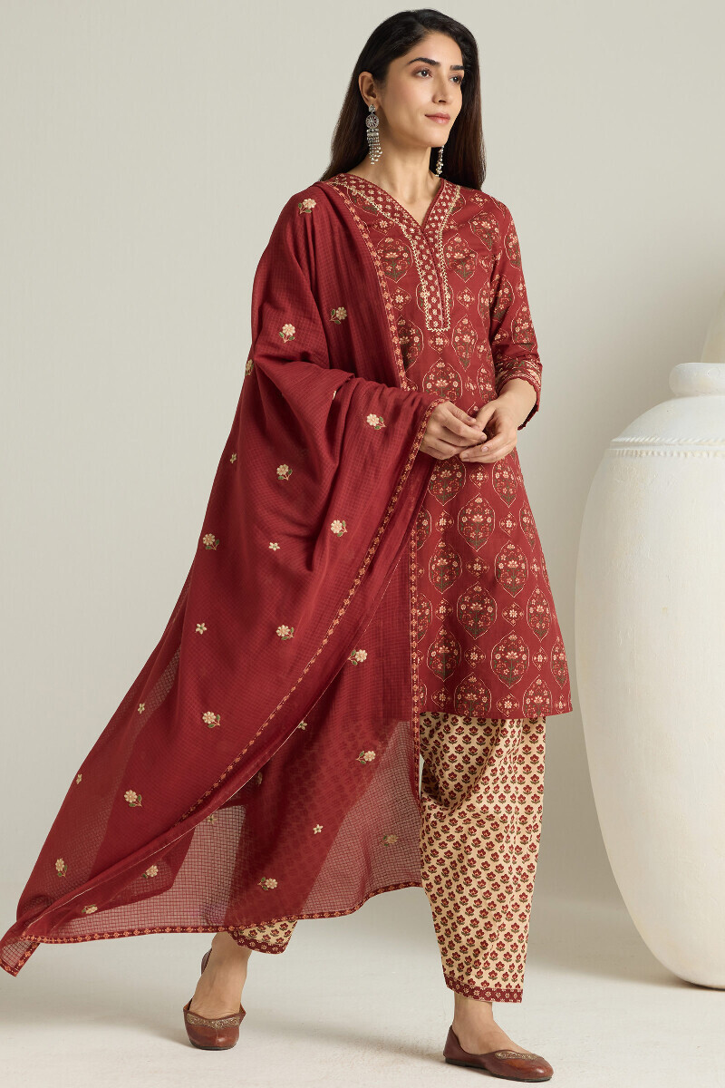 Cream Hand Printed Cotton Salwar