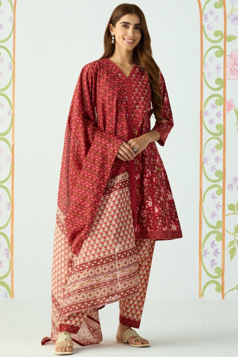 Cream Hand Printed Cotton Salwar