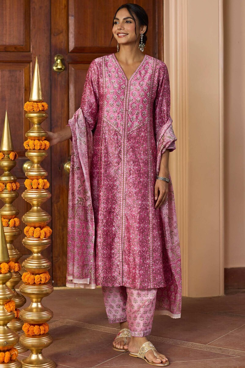 Pink Hand Block Printed Chanderi Salwar