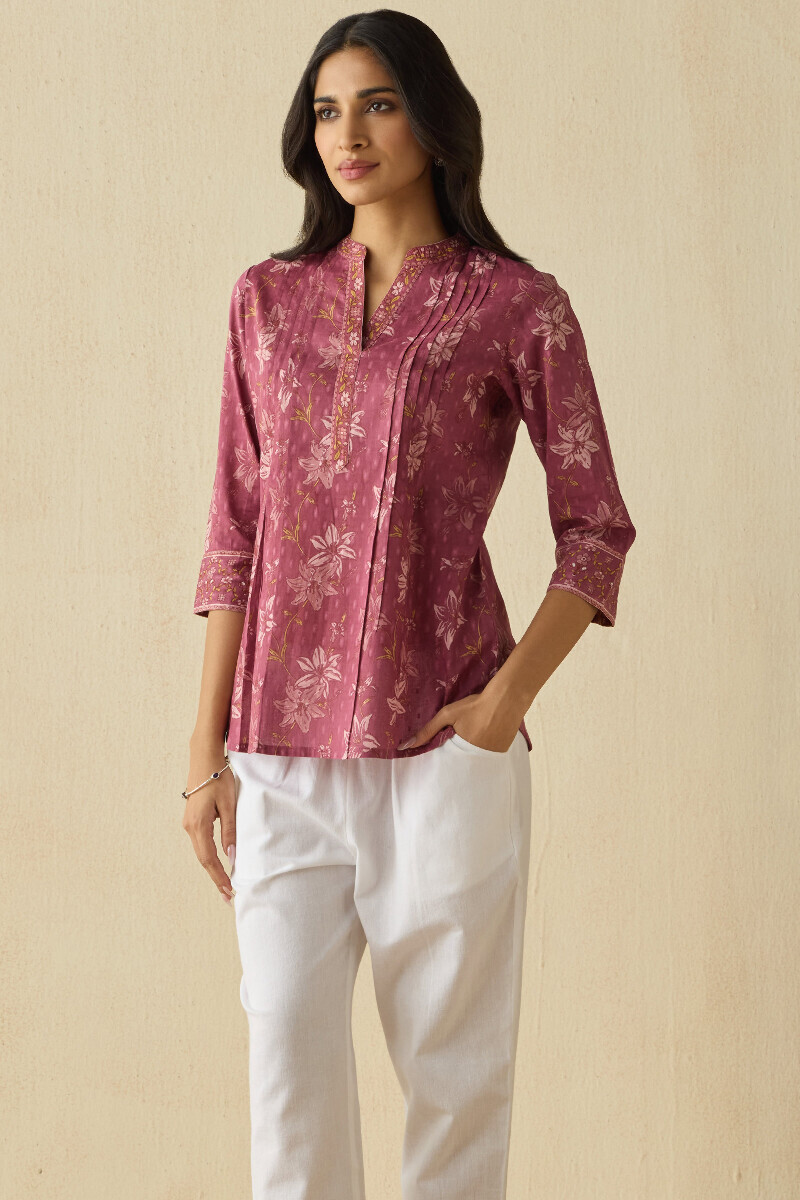 Mauve Hand Printed Cotton Dobby Top