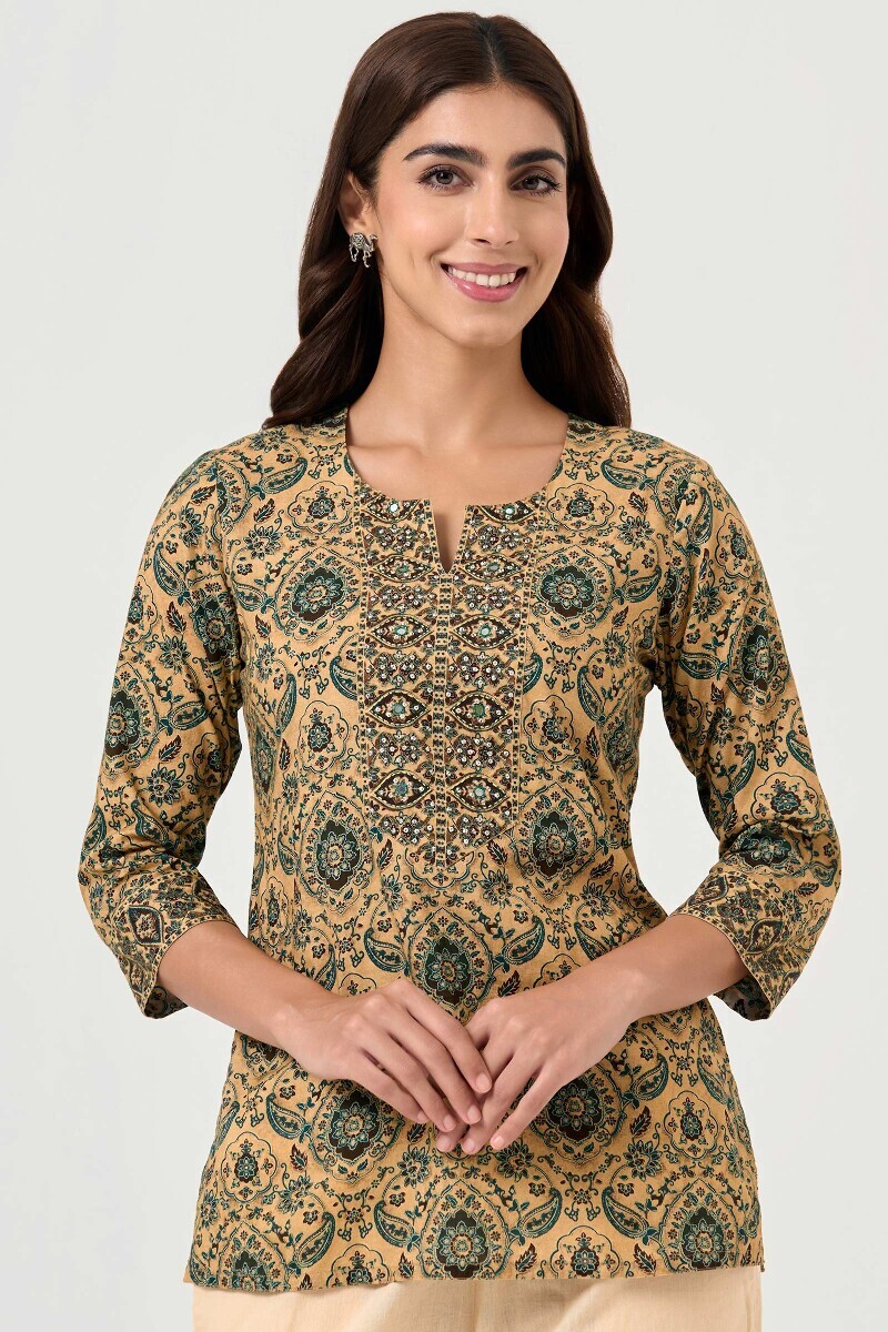 Beige Printed Cotton Top