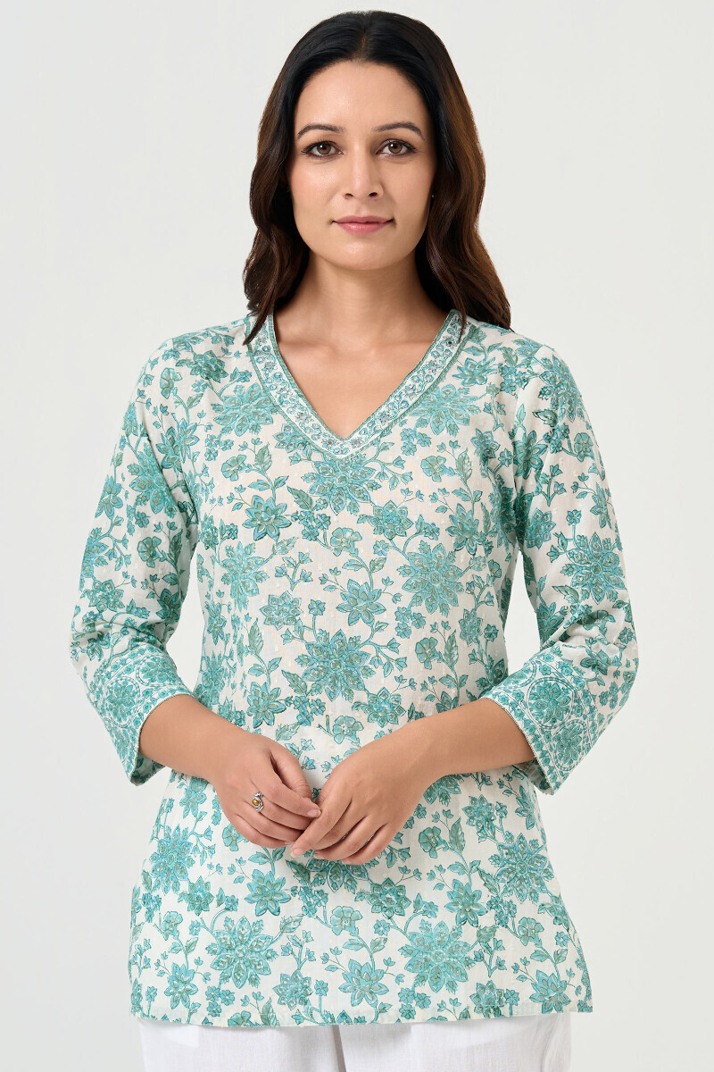 White Hand Block Printed Ram Buta Top