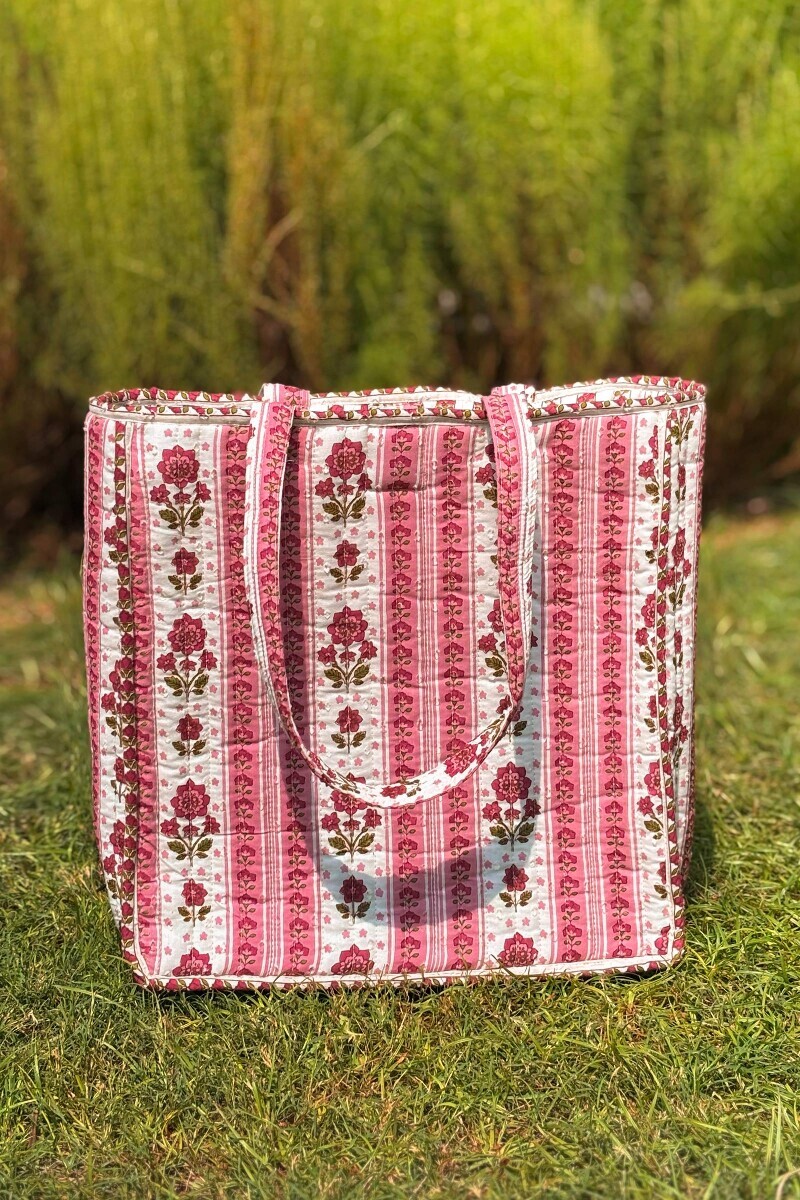 White Hand Block Printed Ram Buta Tote Bag