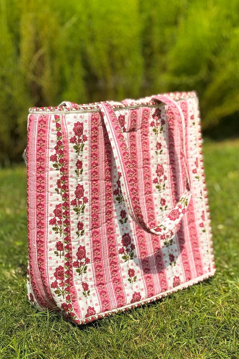 White Hand Block Printed Ram Buta Tote Bag
