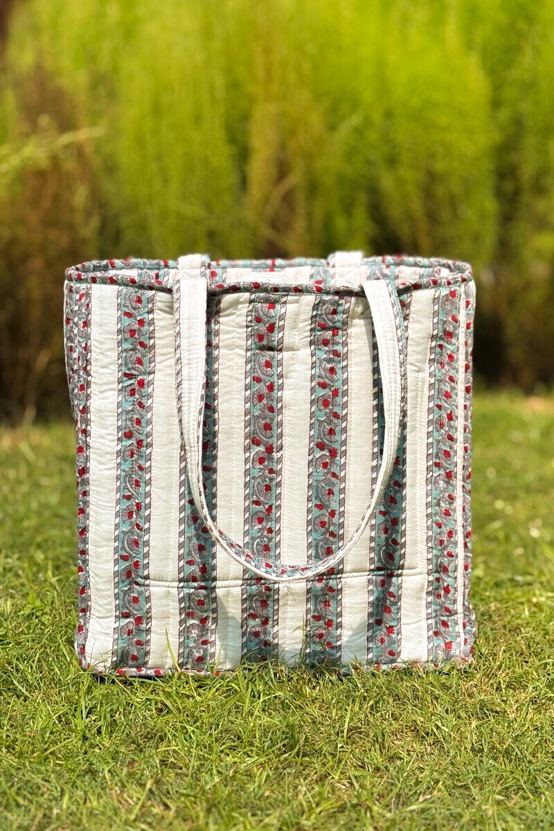 White Hand Block Printed Cotton Slub Tote Bag