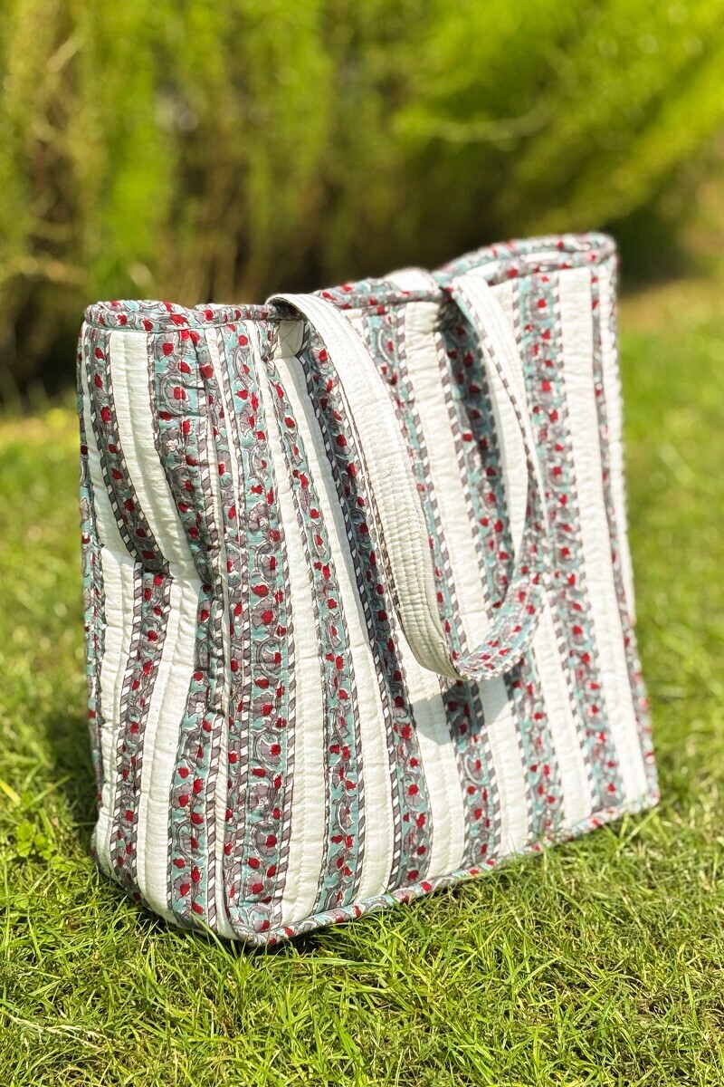 White Hand Block Printed Cotton Slub Tote Bag