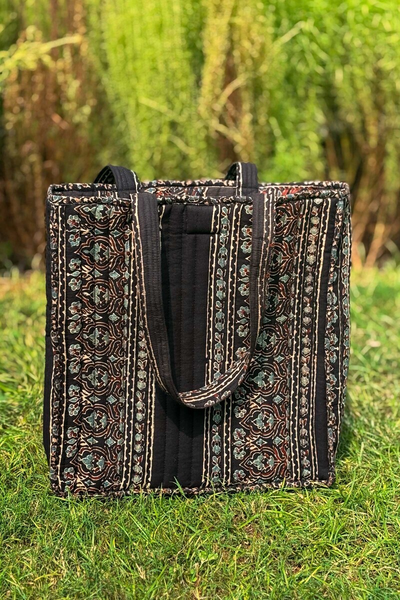 Black Hand Block Printed Cotton Tote Bag