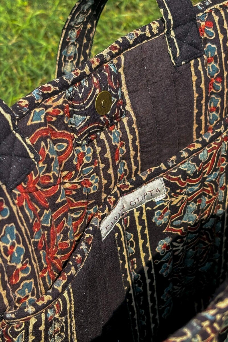 Black Hand Block Printed Cotton Tote Bag