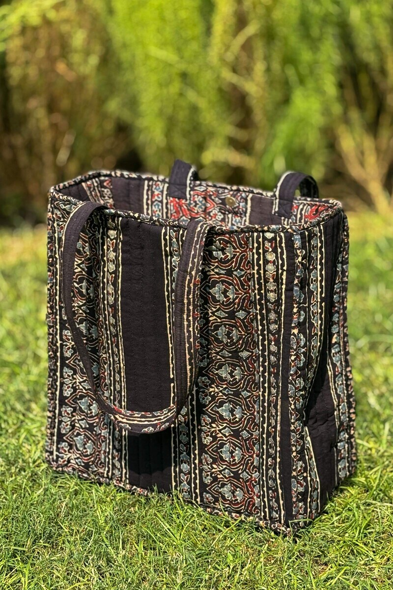 Black Hand Block Printed Cotton Tote Bag