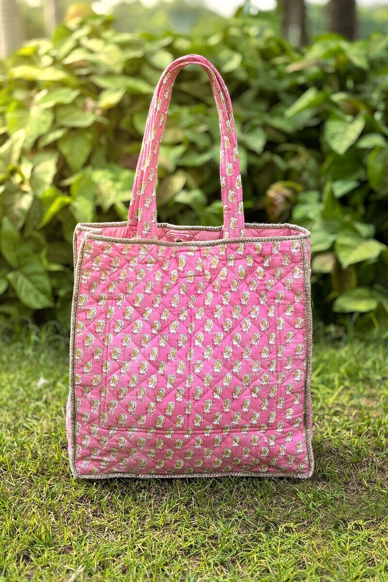 Pink Hand Block Printed Cotton Tote Bag