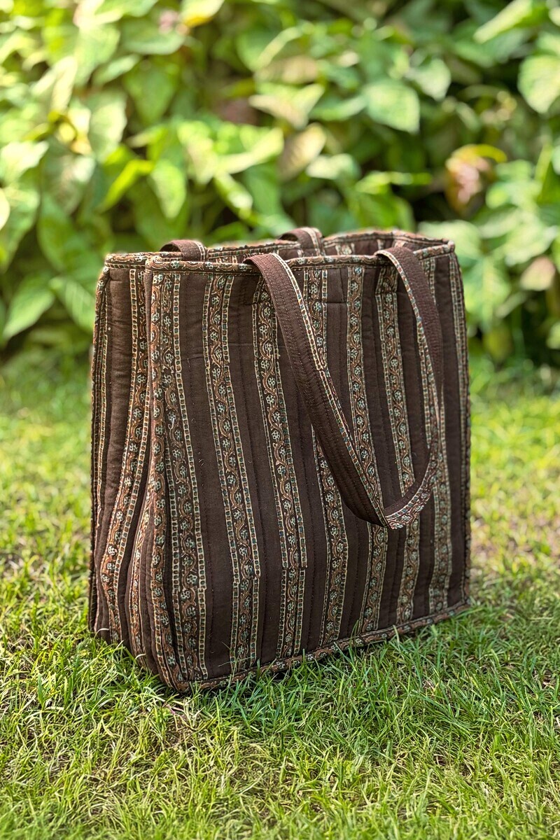 Brown Hand Block Printed Cotton Tote Bag