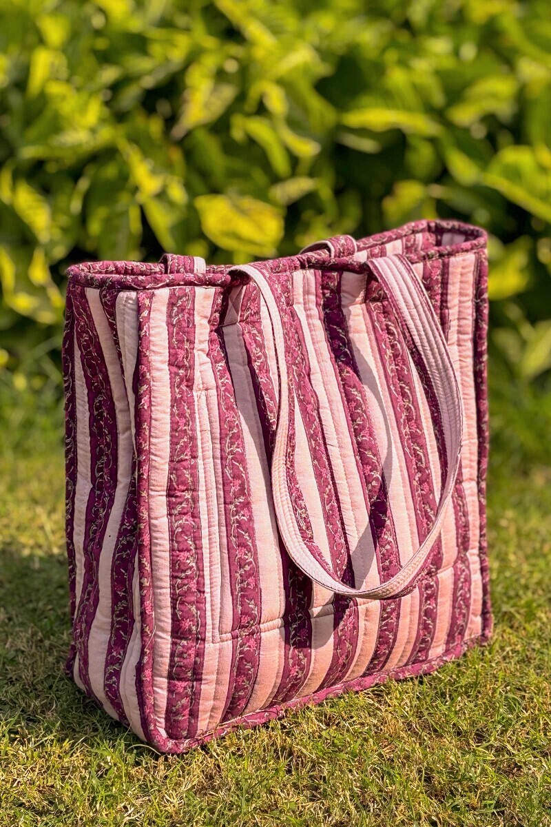 White Hand Block Printed Cotton Slub Tote Bag