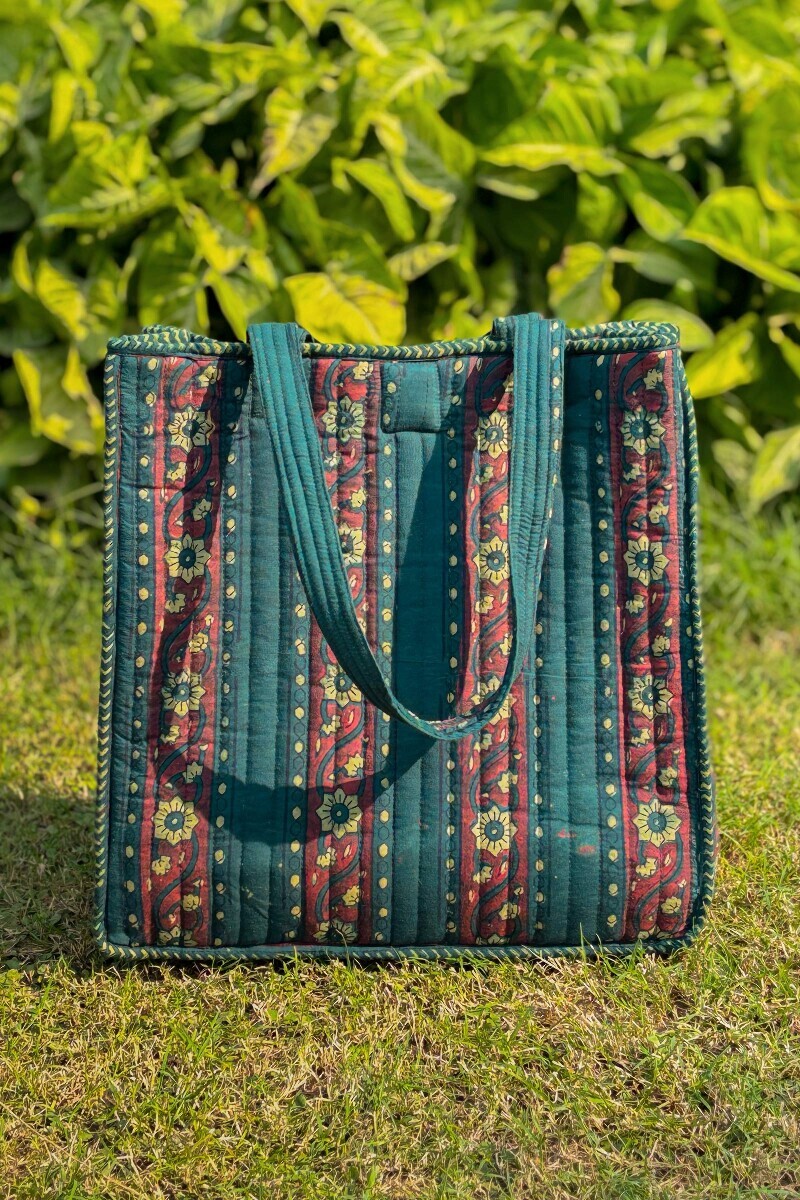 Green Hand Block Printed Cotton Tote Bag