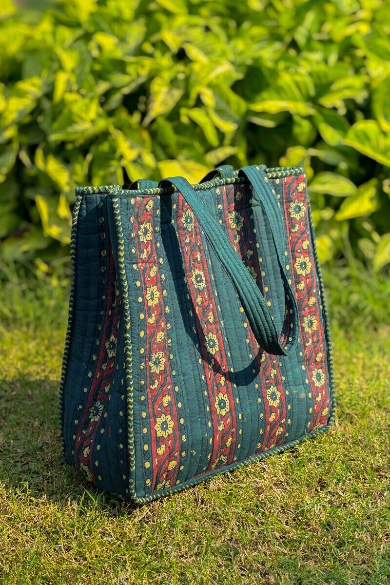 Green Hand Block Printed Cotton Tote Bag