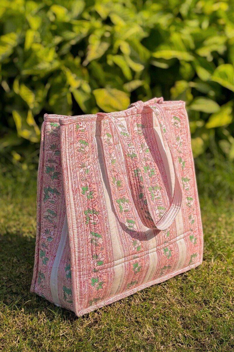 White Hand Block Printed Cotton Tote Bag