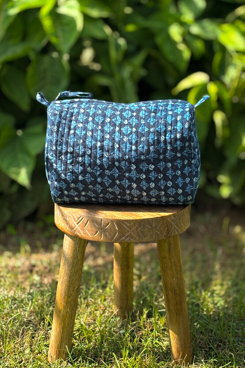 Navy Blue Hand Block Printed Cotton Toiletry Pouch