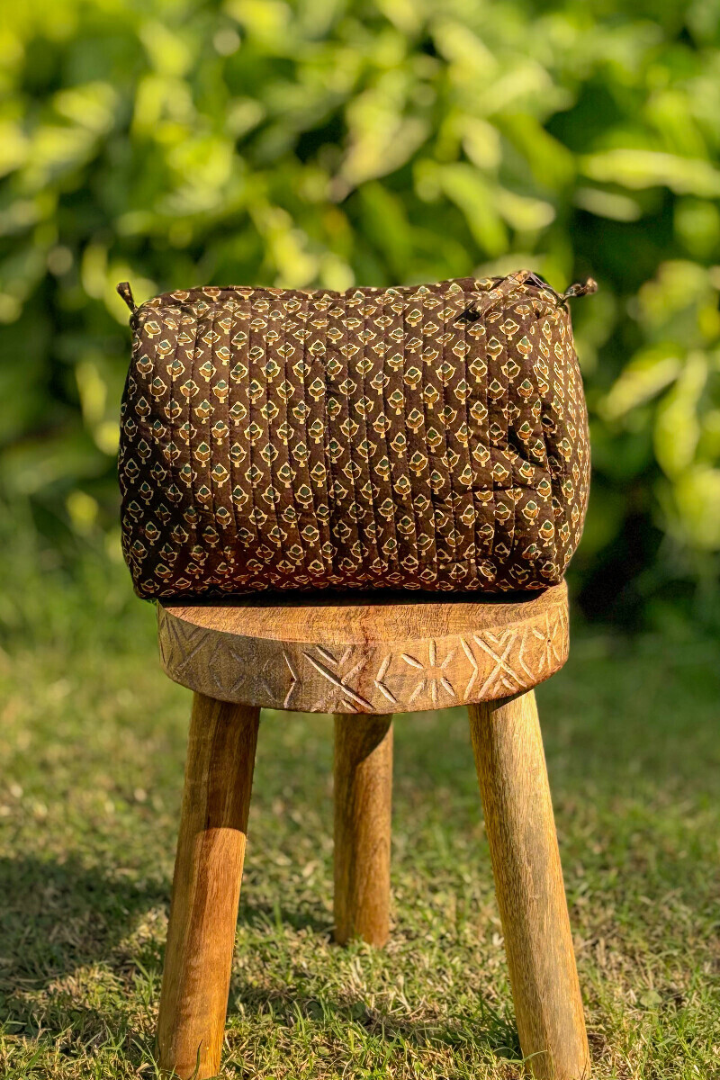 Brown Hand Block Printed Cotton Toiletry Pouch