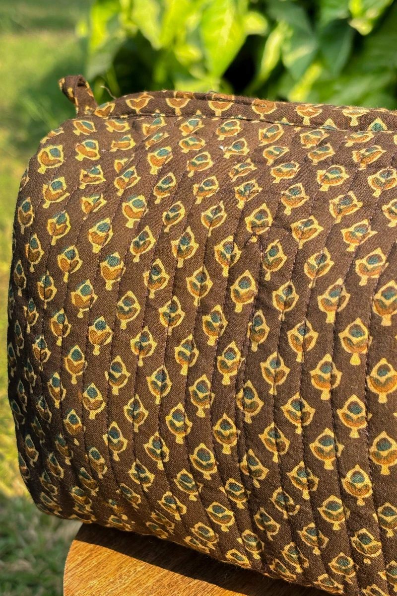 Brown Hand Block Printed Cotton Toiletry Pouch