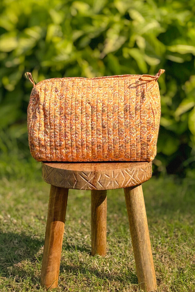 Yellow Hand Block Printed Cotton Slub Toiletry Pouch