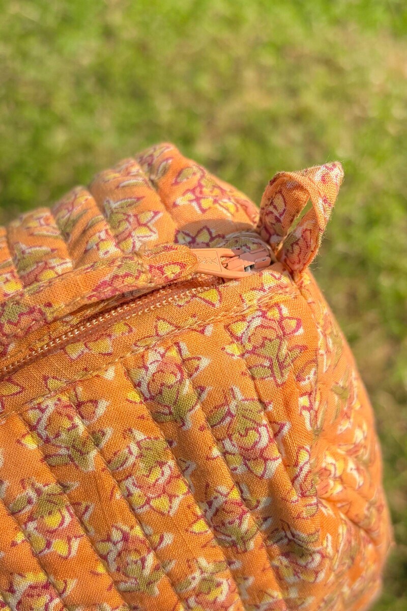 Yellow Hand Block Printed Cotton Slub Toiletry Pouch