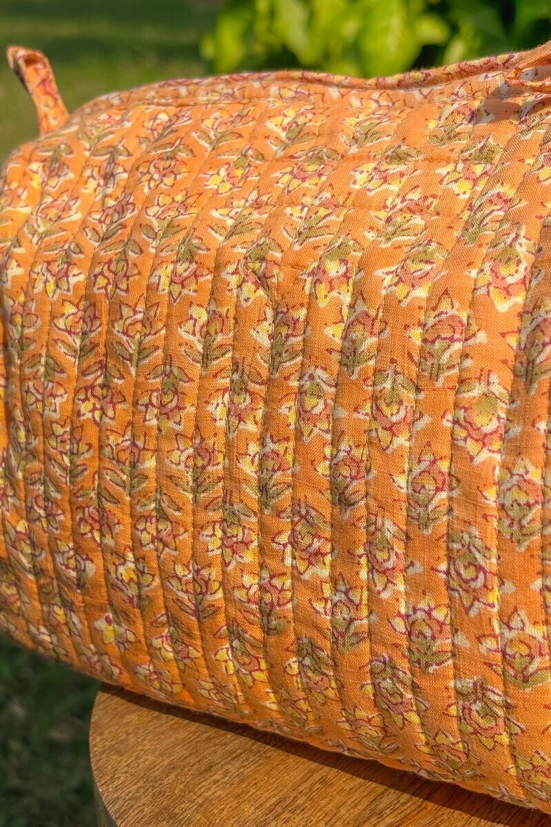 Yellow Hand Block Printed Cotton Slub Toiletry Pouch