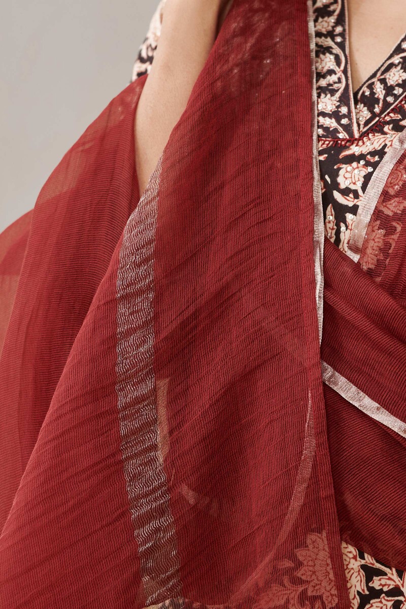 Red Handcrafted Cotton Silk Dupatta