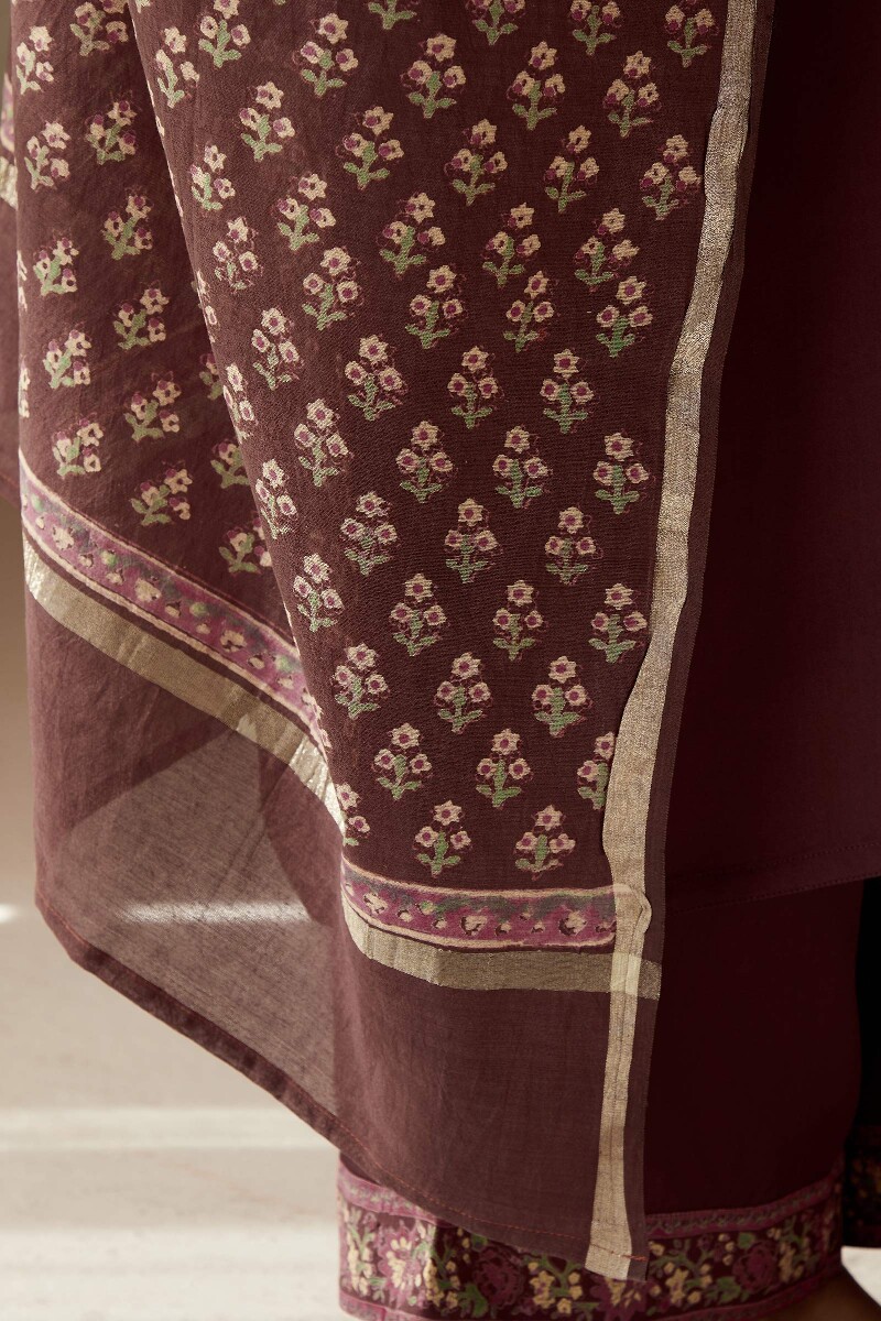 Brown Hand Block-Printed Chanderi Dupatta