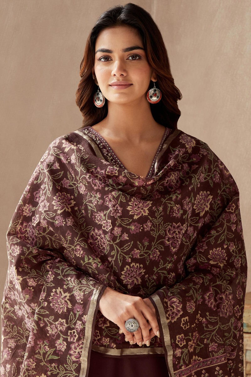 Brown Hand Block-Printed Chanderi Dupatta