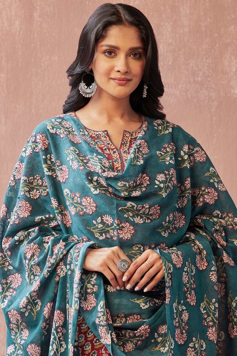 Teal Hand Block-Printed Cotton Mul Dupaatta